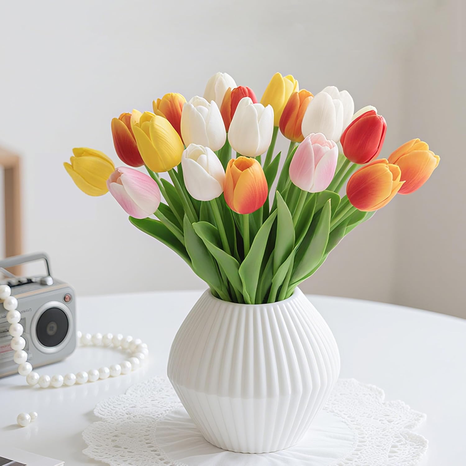 20Pcs Fake Tulips Artificial Flowers 13" Multicolor Faux Tulips Real Touch PU Tulip Bouquet for Mother's Day Home Kitchen Decor Home Party Office Decorations